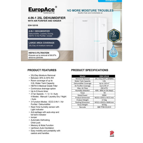 EuropAce 4-IN-1 25L Dehumidifier with Air Purifier & Ionizer